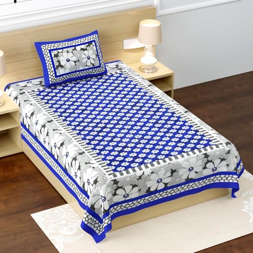 Image of RajasthaniKart Pure 100% Cotton Single Bed Sheet with 1 Pillow Cover (Bedsheet for Single Bed Cotton, Blue Floral)