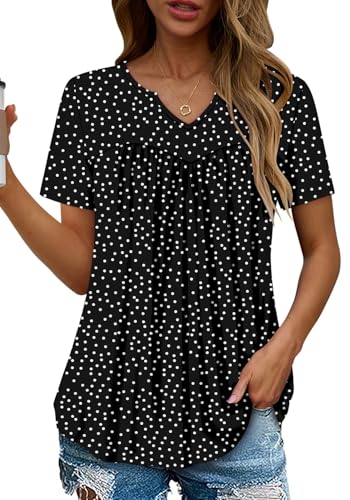 KISSMODA Tops for Womens Summer Cute Short Sleeve Shirts Trendy Notched Neck Blouses Casual Loose Pleated Tunics S-3Xl