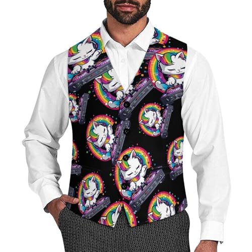 Rainbow DJ Cat Kitty Men's Suit Vests Business Formal Dress V-Neck Waistcoat Tops with 2 Pockets