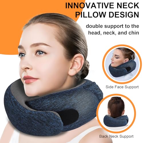 Image of Travel Pillow - Hooded Neck Pillow Airplane Memory Foam Filling for Plane, Office, Cars Sleeping, Road Trip, Long Flights, Airplane Travel Essentials, Includes Eye Mask & Earplugs