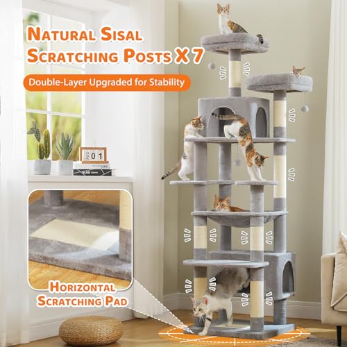 Image of PAWZ Road Large 72 Inch Cat Tree and Tower for Indoor Cats - With Sisal-Covered Scratching Posts, Padded Perches, Condos, and Basket - Gray