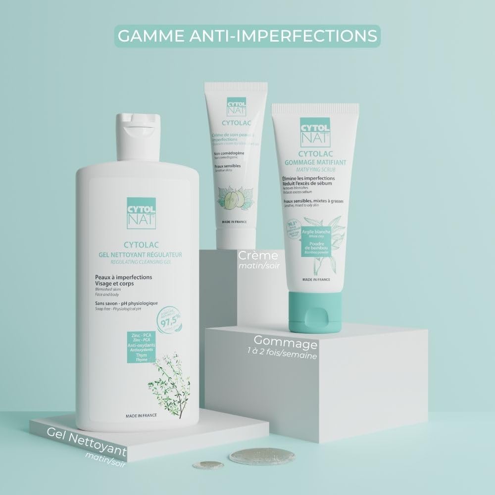 CYTOLNAT - Cytolac Gel Nettoyant - Nettoie en Douceur et Régule l’Excès de Sébum - Sans Savon - Peaux Sensibles, Mixtes à Grasses - Visage et Corps - Formule Naturelle - 250 ml