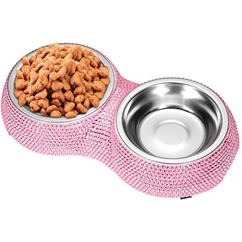 Ohok Bling Rhinestone Dog Bowls with Non-Slip Silicone Base Stainless Steel Feeding Bowl Melamine Bowl for Dogs Cats (Double, Pink) Cover