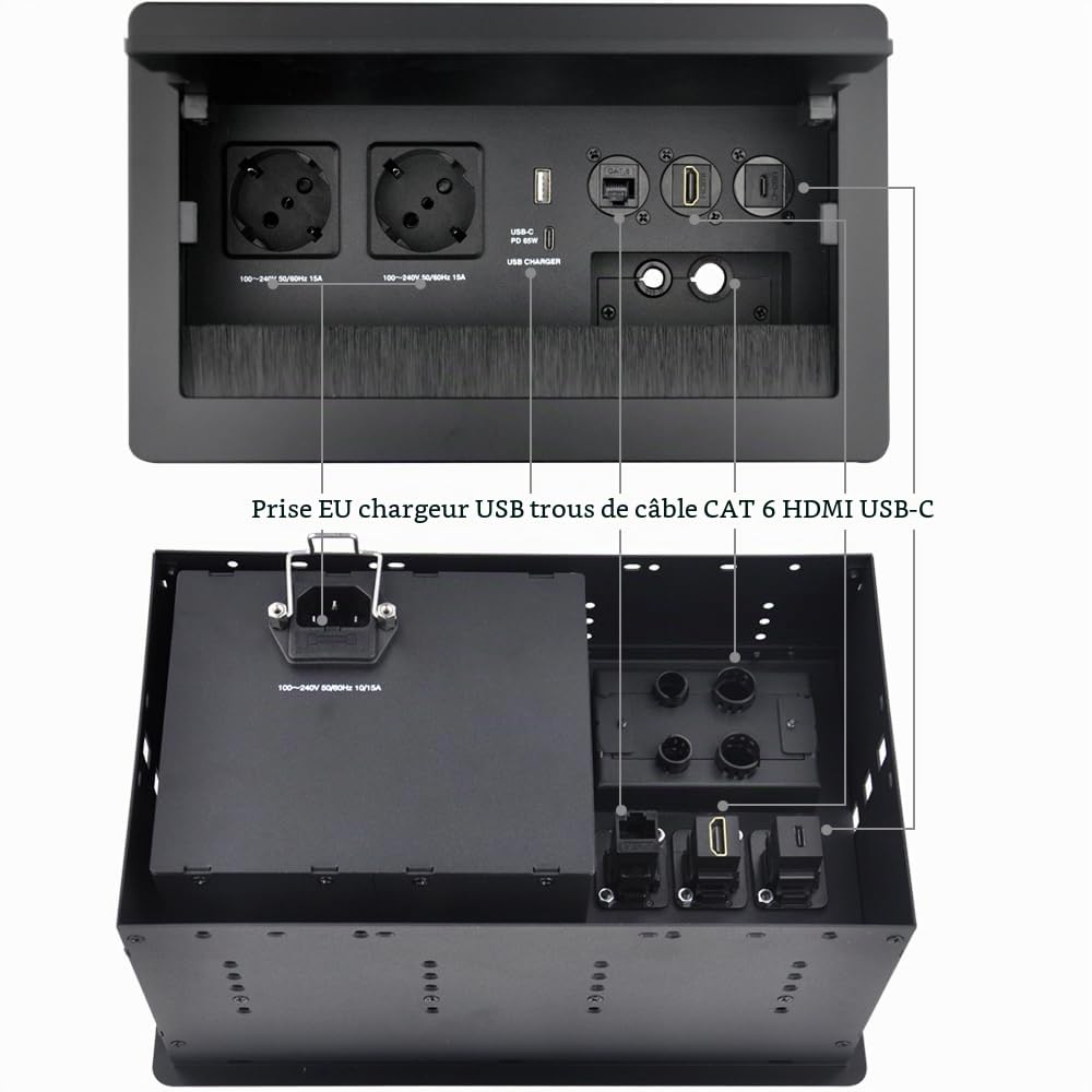 Prise de table, multiprise en aluminium encastrable pour table, 2 prises Schuko, 1 chargeur USB-A+C (PD 65W), 1 CAT6, 1 HDMI, 1 USB-C, 1 câble d'alimentation de 1,7m, 4 trous pour câbles, prise
