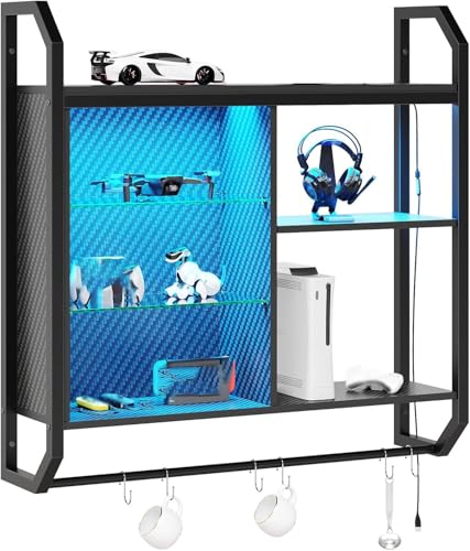 Image of Bestier LED Gaming Floating Shelves, 34" Wall Mounted Shelf Pipe Shelves Hanging Display Rack Bookshelf with 6 S-Hook, Gaming Room Decor Wine Coffee Bar, Black Carbon Fiber