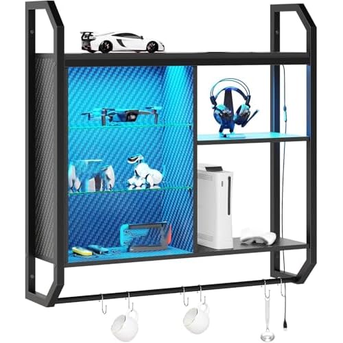 Bestier LED Gaming Floating Shelves, 34" Wall Mounted Shelf Pipe Shelves Hanging Display Rack Bookshelf with 6 S-Hook, Gaming Room Decor Wine Coffee Bar, Black Carbon Fiber 34 inch Black Car