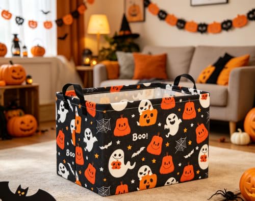 Image of Halloween Basket Cute Baskets for Kids Pumpkin Basket Rectangular Storage Bin Organizer Box Room Decor(Black Pumpkin Ghost)
