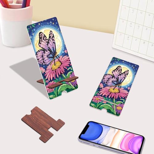 Image of Butterfly Diamond Painting Phone Stand with Mirror, Floral DIY Wooden Diamond Art Desktop Holder, 2-in-1 Multi-Functional Tabletop Ornament for Home and Office