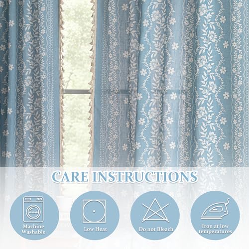Image of MYSKY HOME Dusty Blue Boho Curtains 90 Inch Length Linen Blend for Bedroom | Light Filtering Farmhouse Bohemian Curtains for Living Room Semi Sheer Drapes with Beige Tassels Back Tab, 50 inch Wide, 2 Panels