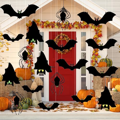 18 peças morcegos pendentes de Halloween, morcegos Halloween decoração com olhos brilhantes e rolo de linha, para janela de casa, Halloween, pátio, interior e exterior