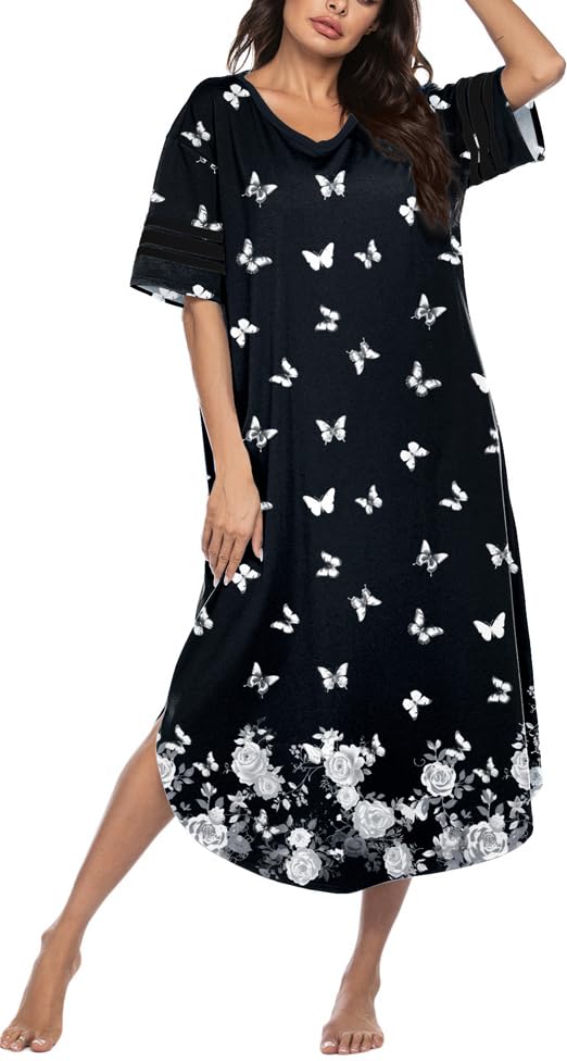 Image of Ekouaer Long Nightgown, Womens V Neck Loungewear Oversized Sleepwear Loose Sleep Dress S-4XL