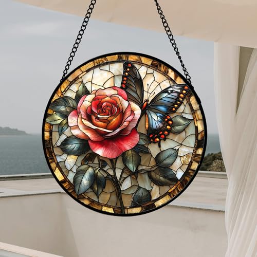 Image of Stained Glass Window Hanging, Red Rose Black Butterfly Suncatcher for Doors Home Sun Catchers Decoration and Christmas, Mother's Day Birthday Gifts for Women, Men, and Mom 6.3x6.3 in