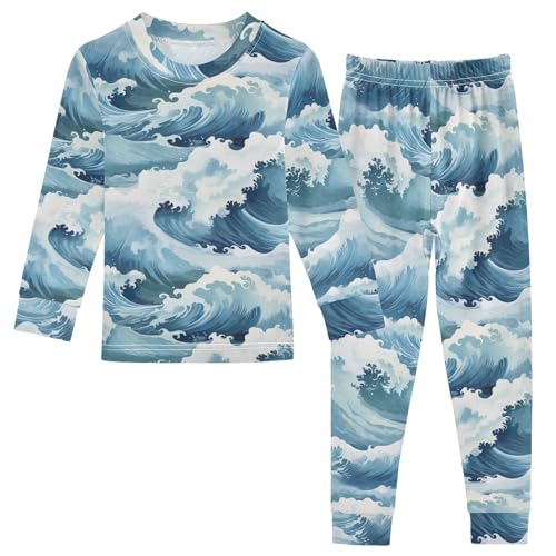 SPRIPORT Blue Waves Ocean Soft Comfy Pajama Set Sleepwear Long Sleeve Top and Pants Cotton 2 Piece Pjs Set 4T