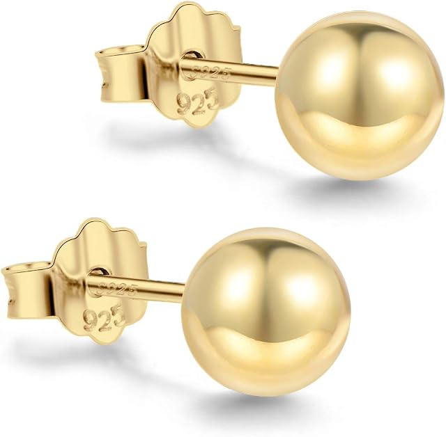 18K Gold Plated Sterling Silver Ball Stud Earrings 3mm-10mm Options, Simple Polished Ball Studs Hypoallergenic Jewellery