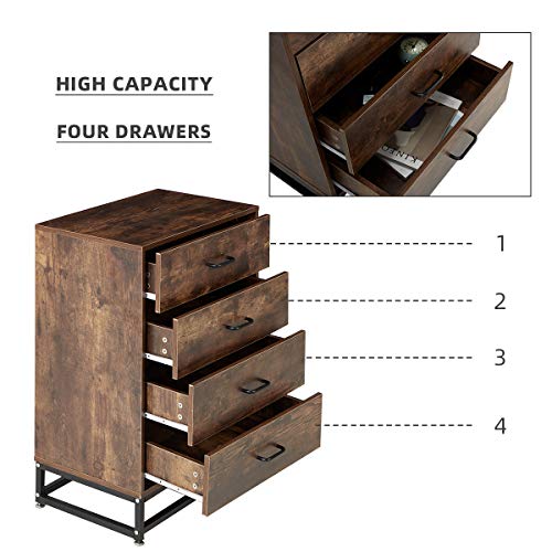 Mellcom Chest Of Drawers, Industrial Tall Dresser With 4 Drawers,Wood Storage Cabinet With Sturdy Metal Frame, Organizer Unit For Bedroom, Living Room, Hallway, Dark Brown #TOP5