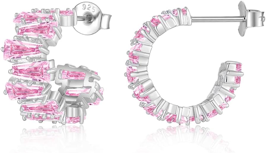 Open Hoop Earrings for Women 925 Sterling Silver Cut Birthstone Cubic Zirconia Tiny Small Hoop Earrings for Wife/Friend/Sister