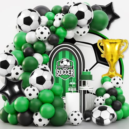 Soccer Party Decorations, 113Pcs 12 10 5 inch World Soccer Balloons Garland Arch Kit Green White Black Balloons for Soccer Cup Sports Theme Birthday Party Decorations