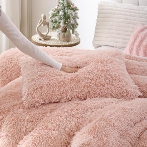 Smoofy Fluffy Twin Comforter Set, Faux Fur Comforter Set Pink, Luxury Fuzzy Twin Bedding Set Pink, Soft Shaggy Bed Set for All Season, 2 Pieces - 1 Comforter & 1 Pillowcase, Blush