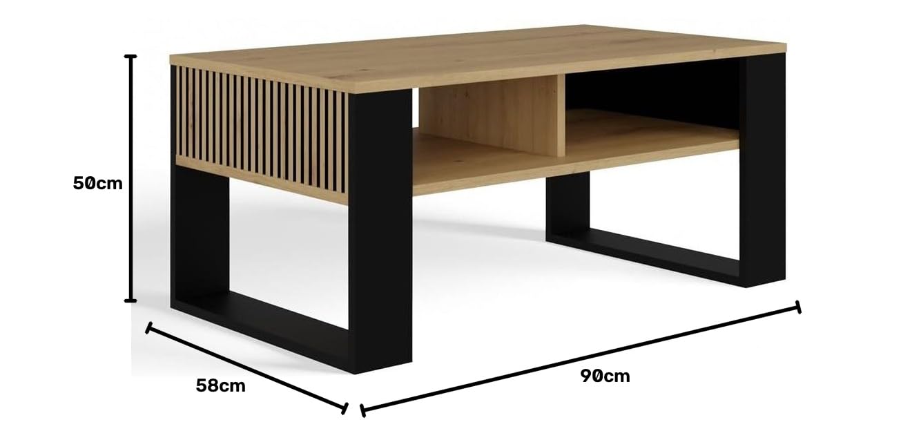 CDF Moderner Couchtisch mit Lamellen-Optik Wohnzimmertisch mit 2 Ablagen, Loft Beistelltisch Kaffeetisch Geriffelt & Kratzfest, 90 x 58 x 50 cm - Eiche Artisan/Schwarz