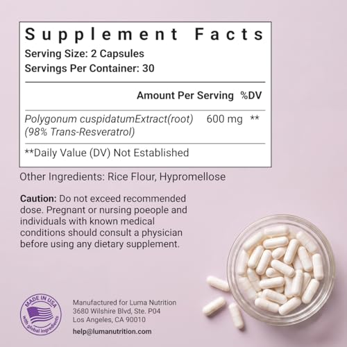 Image of Luma Nutrition Pure Resveratrol Supplement - Antioxidant - 60 Capsules (Pack of 3)