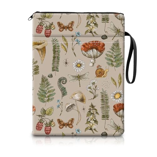 AIOGPD Capa Protetora Livros, Ideal para Amantes da Leitura. Estojo de Viagem com Zíper E Bolso Frontal. Capa Fofa para Livros, Acessório para Mulheres E Homens, com Estampa de Cogumelos. Cor Marrom
