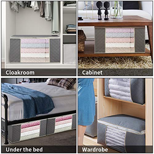 GEEDIAR Foldable Clothes Storage Bags,Set of 4 Large Capacity Closet Organizer with Zipper,Clothing Storage Containers with Reinforced Handle,Good for Comforters,Blankets,Clothes,Bedding,90L,Grey - Thumbnail 5