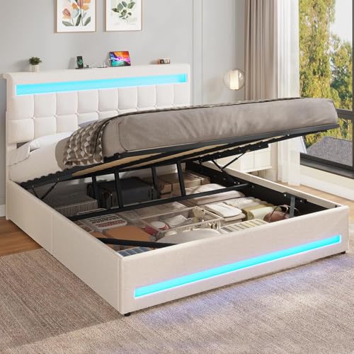 AOGLLATI Camas Matrimoniales 180x200 cm con Almacenamiento Hidráulico, Cama Canapé con Cabecero Ajustable, Estructura de Cama con Luces LED y Estación de Carga (USB y Tipo-C), Beige