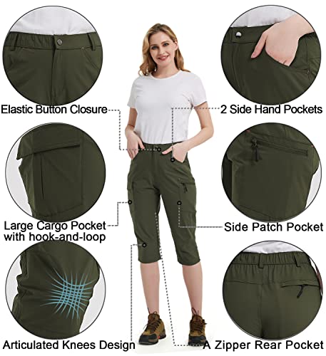 Women's Hiking Capris Pants Quick Dry Outdoor Cargo Cropped Water Resistant Upf 50 Casual Pants With Zipper Pockets Army Green L #TOP2