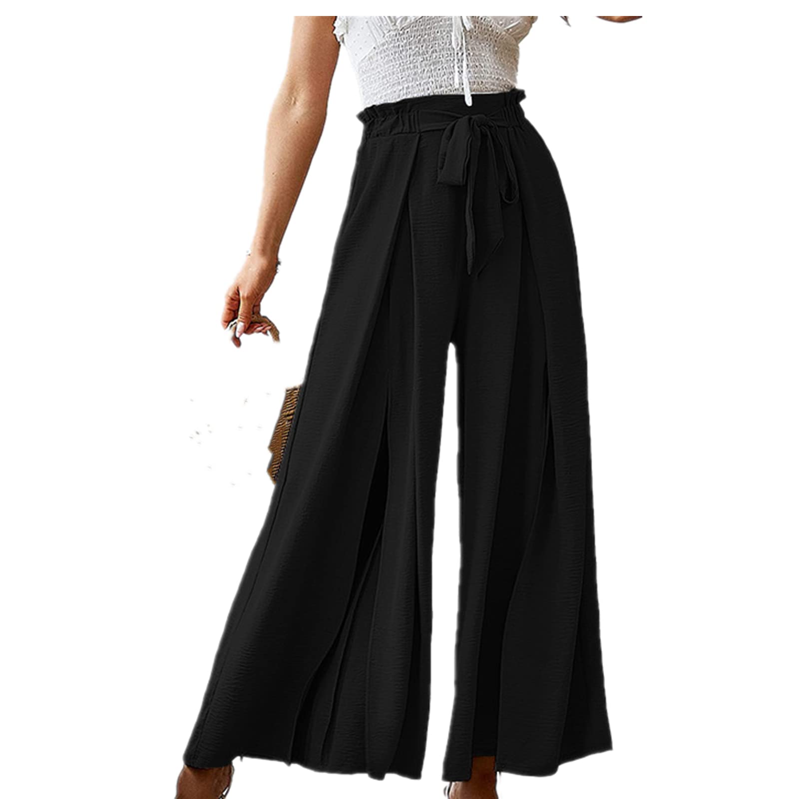 Solid Color Straight Wide Leg Pants Womens high Waist Loose and Thin Casual Fashion Trousers Black S