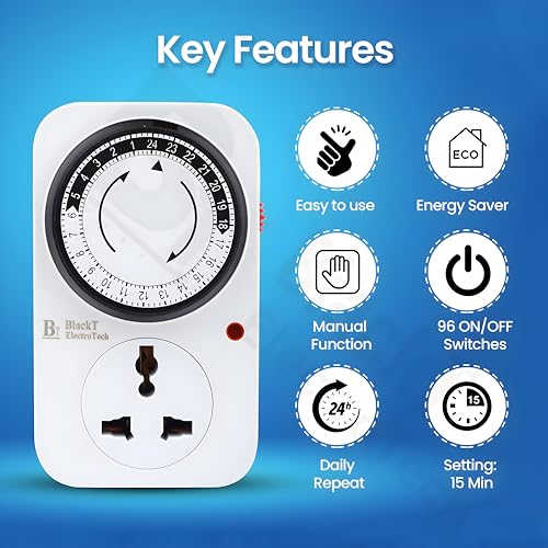 Image of Blackt Electrotech BT41PM 24 Hour Plug-in Mechanical Timer Switch (10 Amp, 230V) - Programmable Analog Timer Socket for Lamps, Aquariums, and Home Appliances - 15 Minute Intervals
