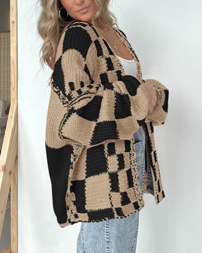 Image of BTFBM Casual Cardigan Sweater for Women Fall 2026 Long Sleeve Open Front Chunky Knit Sweaters Checkered Outwear Coat
