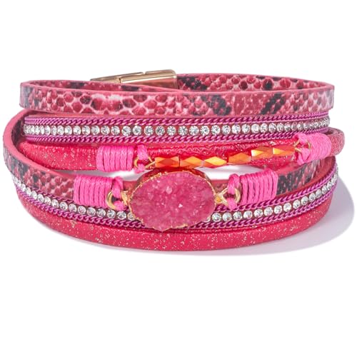 FANCY SHINY Boho Leather Wrap Bracelet Stackable Chunky Crystal Cuff Bracelets with Magnetic Clasp Cowboy Cowgirl Western Summer Beach Outfits Jewelry Gifts for Women (14.7 Hot Pink)