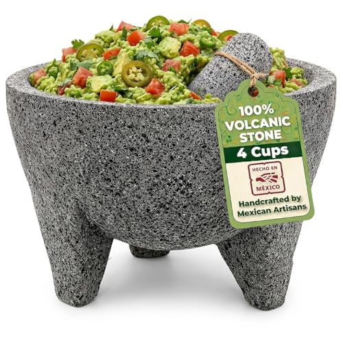 Molcajete 8 in Mexican, Handmade with Natural Volcanic Stone, Artisanal Kitchen Utensil for Grinding with Pores for Crushing, Specially Designed for Grinding Spices, Sauces, and Guacamole