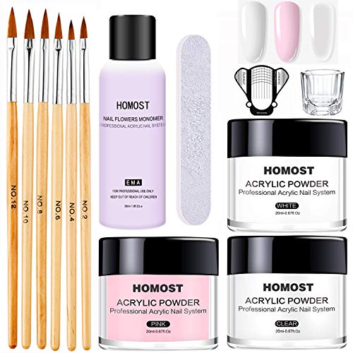 HOMOST Acrylic Powder Nail Kit, Pink Clear White Acrylic Powder Set and Professional Liquid Monomer with Nail Brush Nail Forms Tips