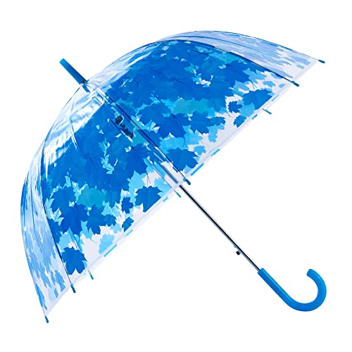 Threeh Automatic Transparent Bubble Umbrella With Sycamore Leaves Printing No Fading Universal Waterproof Windproof For Kids And Women Blue Color #TOP28