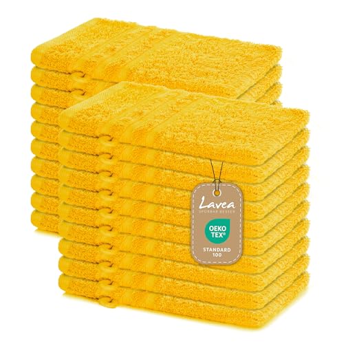Lavea Serie Elena - Manoplas de baño Premium de 100% algodón, Alta absorción, Tacto Suave, Secado rápido, Resistente, Ideal para baño, SPA y hogar, tamaño 15 x 21 cm - Amarillo Colza