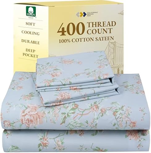 California Design Den Floral Printed Queen Sheet Set - 400 Thread Count, Soft Sateen, Natural 100% Cotton Sheets, Deep Pockets, and Durable Bedding Set - Blooming Meadows - Thumbnail 2