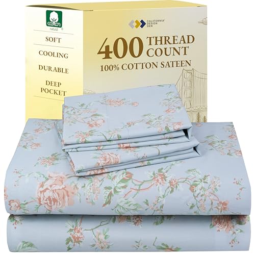California Design Den Floral Printed Queen Sheet Set - 400 Thread Count Sateen, Natural 100% Cotton Sheets Queen Size Bed Set, Deep Pockets, and Durable Bedding - Antique Rose