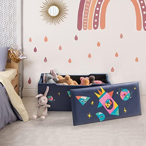 GYMAX Kids Toy Box, Children Storage Chest with Detachable Lid, Upholstered Toddler Storage Bench for Boys Girls (Navy Blue)