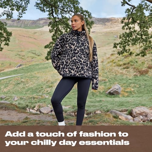 OHS Dry Robes Adult Womens Changing Robe, Mothers Day Gifts Waterproof Jacket with Hood & Pockets Rain Coat with Long Sleeve Teddy Fleece Pullover Half Zip Women for Outdoor, Leopard Print - S/M - Image 2