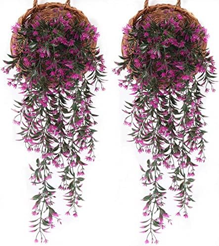 Artificial Hanging Vine, Fake Plants Weeping Willow Vines Plastic Plants Greenery Faux Ivy UV Resistant for Indoor Outdoor Garden Door Wall Baskets Wedding Party Table Decor Decoration Fuchsia 4 Pcs