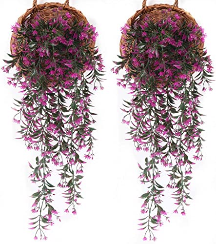 Artificial Hanging Vine, Fake Plants Weeping Willow Vines Plastic Plants Greenery Faux Ivy Uv Resistant For Indoor Outdoor Garden Door Wall Baskets Wedding Party Table Decor Decoration Fuchsia 4 Pcs #TOP9