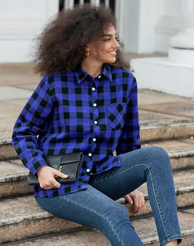 Image of SANGTREE Women and Girls Long Sleeve Flannel Casual Button Down Plaid Shirt