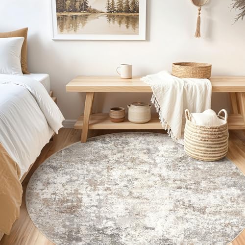 6ft Round Area Rug Living Room Rugs - 6x6 Washable Neutral Modern Abstract Soft Thin Rug Indoor Floor No Slip Rug Carpet for Bedroom Under Dining Table Home Office Decor - Brown Grey