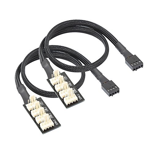 Electop 2 Pack 4 Pin PWM Fan Splitter Hub Cable,4 Way Black Sleeved Braided Fan Power Cable 12V Computer Fans（15.1 Inch）
