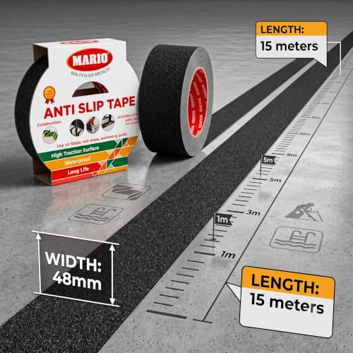 Image of Mario Anti-Skid Anti-Slip Tape Black 50mm (2 Inch) x 15M | Extra Long Heavy-Duty Self Adhesive Safety Grip Tape | High-Traction Waterproof Non-Slip Tape for Stairs, Ramps, Floors & Walkways Use