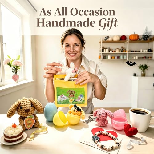 Image of LuNuaFvy Bunny Family | Starter Kit: Make 5 Bunnies, Video & Paper Guide, Split-Resistant Yarn, 2 Size Hooks, Eggs, Bracelet, Zipper Bag, Gift
