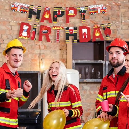 Image of Hooqict Happy Birthday Banner Firetruck Birthday Decorations Firefighter Party Banner Garland Sign for Firefighter Fireman Fire Station Rescue Birthday Party Decorations Supplies