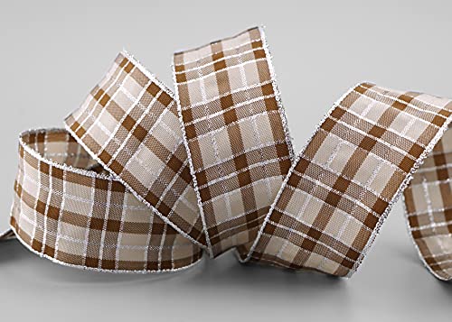 finemark 20 m x 40 mm Checked Christmas Ribbon Taupe Silver (225) with Lurex Wire Edge Ribbon Decorative Ribbon Gift Ribbon Tartan Check Shiny Ribbon Gold Edge Wire Ribbon Winter Christmas Check
