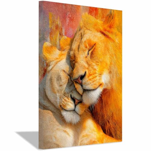 Peinture murale lion sur toile cadre moderne orange salon 60x80